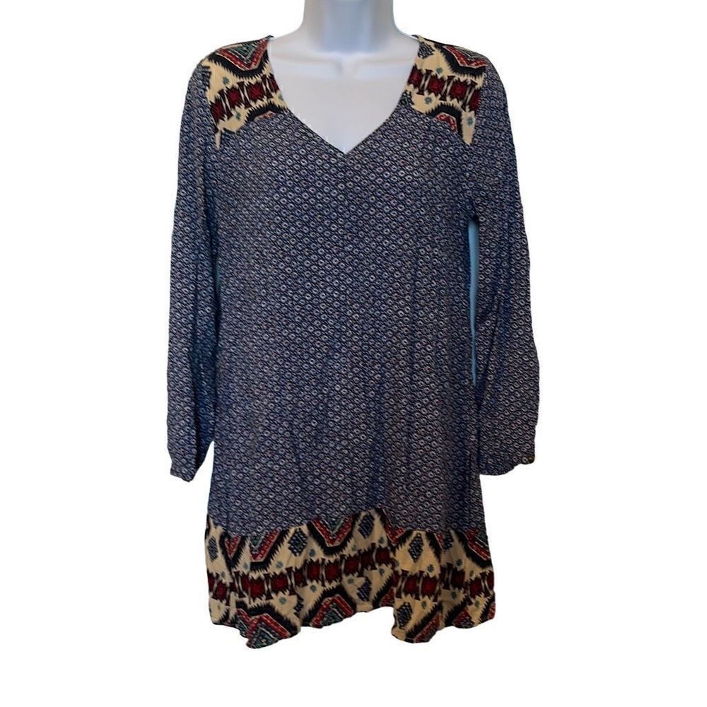 Umgee Small Blue Red Southwest Aztec Mix Print Long Sleeve Shift Dress Boho‎
